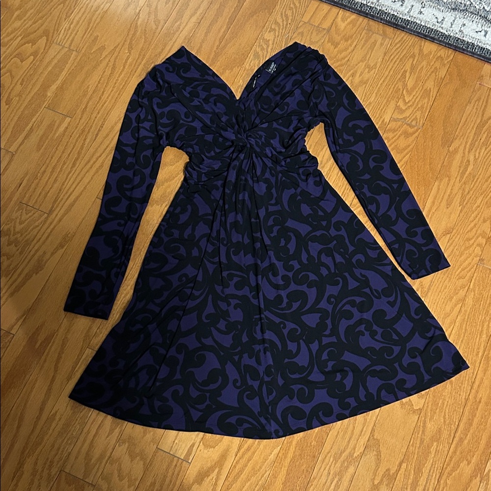 New York & Company Purple and Black Twist-Front Long Sleeve Dress